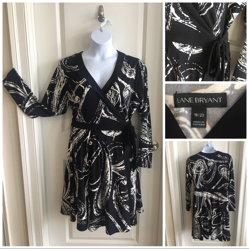 Lane Bryant Black and Ivory Faux Wrap Dress (Long Sleeve) Size 18/20